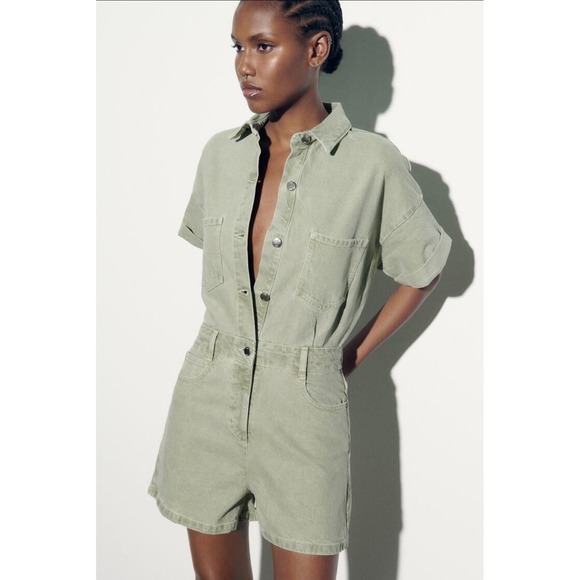 Zara Pants - Zara Y2K Utility Romper Festival Green Denim Shorts Cotton Retro Over Size M